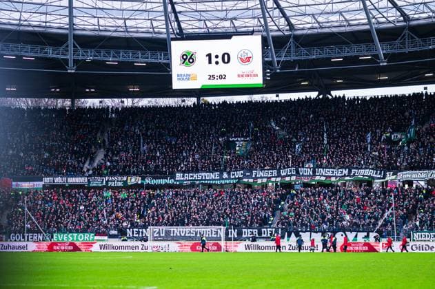 04 02 2024 Football, 2023 2024, 1 Bundesliga, 20 Matchday, Hannover 96 FC Hansa Rostock Fans Hannover with Banner, Lettering Blackstone CVC Hands off our Football DFL REGULATIONS PROHIBIT ANY USE OF PHOTOGRAPHS AS IMAGE SEQUENCES AND OR QUASI VIDEO