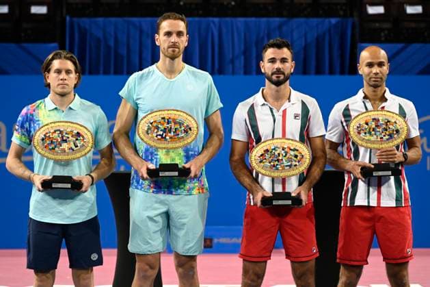 MONTPELLIER, FRANCE - FEBRUARY 4 : Sam WEISSBORN (AUT) and Albano OLIVETTI (FRA) finalists and Fabien REBOUL (FRA) and Sadio DOUMBIA (FRA) winners of the doubles ATP, Tennis Herren 250 Open Sud de France tournament in Montpellier, France on February 4th, 2024. TENNIS : Open Sud de France ATP 250 - 04 02 2024 ValentinaClaret Panoramic 