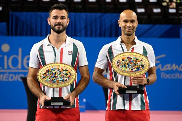 MONTPELLIER, FRANCE - FEBRUARY 4 : Sam WEISSBORN (AUT) and Albano OLIVETTI (FRA) finalists and Fabien REBOUL (FRA) and Sadio DOUMBIA (FRA) winners of the doubles ATP, Tennis Herren 250 Open Sud de France tournament in Montpellier, France on February 4th, 2024. TENNIS : Open Sud de France ATP 250 - 04 02 2024 ValentinaClaret Panoramic 