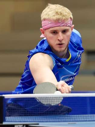 Romain Ruiz TTC Schwalbe Bergneustadt controls the ball, 1 German mens table tennis league, TTC Schwalbe Bergneustadt vs Borussia Düsseldorf, Burstenhalle, 04 02 2024, Bergneustadt, Germany