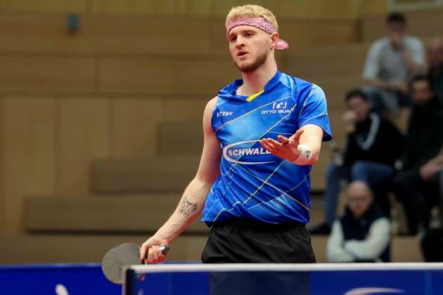 Romain Ruiz TTC Schwalbe Bergneustadt gestures, 1 mens table tennis Bundesliga, TTC Schwalbe Bergneustadt vs Borussia Düsseldorf, Burstenhalle, 04 02 2024, Bergneustadt, Germany