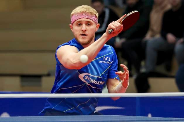 Romain Ruiz TTC Schwalbe Bergneustadt controls the ball, 1 German mens table tennis league, TTC Schwalbe Bergneustadt vs Borussia Düsseldorf, Burstenhalle, 04 02 2024, Bergneustadt, Germany