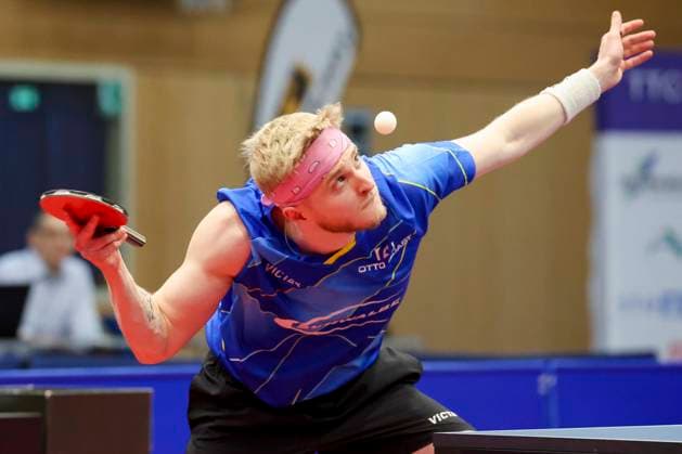 Romain Ruiz TTC Schwalbe Bergneustadt controls the ball, 1 German mens table tennis league, TTC Schwalbe Bergneustadt vs Borussia Düsseldorf, Burstenhalle, 04 02 2024, Bergneustadt, Germany