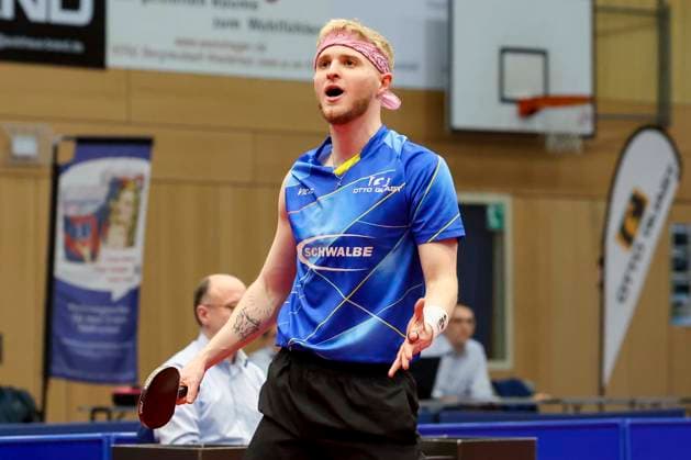 Romain Ruiz TTC Schwalbe Bergneustadt looks disappointed, 1 German mens table tennis league, TTC Schwalbe Bergneustadt vs Borussia Düsseldorf, Burstenhalle, 04 02 2024, Bergneustadt, Germany