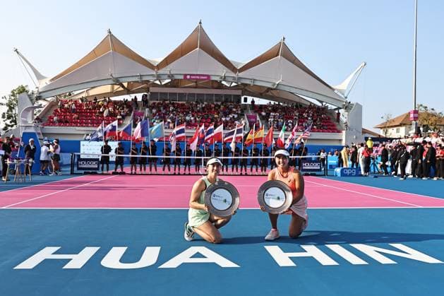 Miyu Kato green , JPN, and Aldila Sutjiadi orange , INA, after doubles final at 2024 Thailand Open in Hua Hin, 04 02 2024