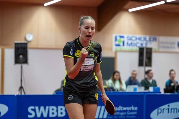 Annett Kaufmann SV Böblingen, 02 cheers ¨¨SV Böblingen vs TSV Dachau, table tennis, Bundesliga women, season 2024, 04 02 2024, SV Böblingen vs TSV Dachau, table tennis, Bundesliga women, season 2024, 04 02 2024 Böblingen Copyright: xRomanxJustx EP_RJT