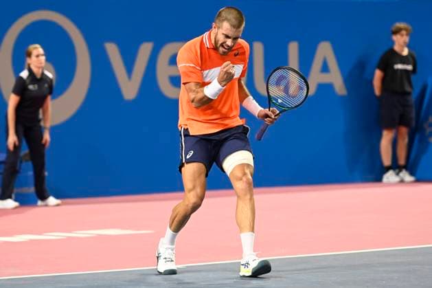 MONTPELLIER, FRANCE - FEBRUARY 4 : Borna CORIC (CRO) celebration during the final of the ATP, Tennis Herren 250 Open Sud de France tournament vs. Alexander BUBLIK (KAZ) in Montpellier, France on February 4th, 2024. TENNIS : Open Sud de France ATP 250 - 04 02 2024 ValentinaClaret Panoramic 