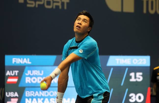 ATP Challenger Koblenz Tennis, 04 02 24, Tennis, Final, Yuri Rodionov in red vs Brandon Nakashima in blue , ATP Challenger Koblenz Tennis, 04 02 24, Tennis, Final, Yuri Rodionov vs Brandon Nakashima Koblenz Copyright: xEibner-Pressefoto JoergxNiebergax EP_EER