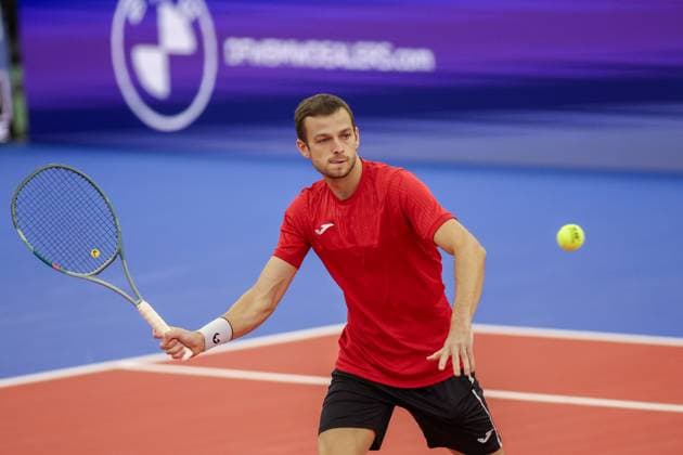 DALLAS, TX - FEBRUARY 04: Timo Stodder (GER) hits a volley during the Dallas Open on February 4, 2024 at Styslinger Altec Tennis Complex in Dallas, TX.(Photo by George Walker Icon Sportswire) TENNIS: FEB 04 Dallas Open EDITORIAL USE ONLY Icon24020402
