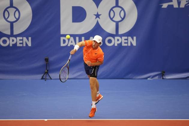 DALLAS, TX - FEBRUARY 04: Brandon Holt (USA) hits a forehand serves during the Dallas Open on February 4, 2024 at Styslinger Altec Tennis Complex in Dallas, TX.(Photo by George Walker Icon Sportswire) TENNIS: FEB 04 Dallas Open EDITORIAL USE ONLY Icon24020410