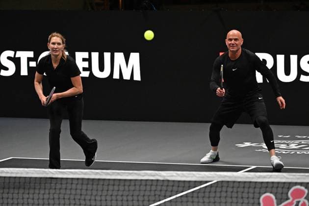HOLLYWOOD FL - FEBRUARY 04: Andre Agassi and Steffi Graff play during The Pickleball Slam 2 at Hard Rock Live held at the Seminole Hard Rock Hotel & Casino on February 4, 2024 in Hollywood, Florida. Copyright: xmpi04x