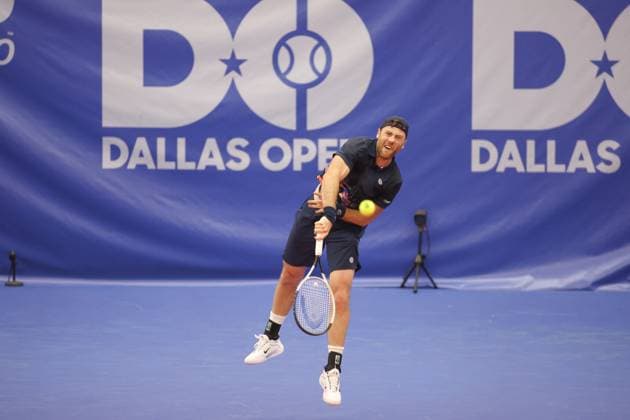 DALLAS, TX - FEBRUARY 05: Illya Marchenko (UKR) serves during the Dallas Open on February 5, 2024 at Styslinger Altec Tennis Complex in Dallas, TX. (Photo by George Walker Icon Sportswire) TENNIS: FEB 05 Dallas Open EDITORIAL USE ONLY Icon24020510