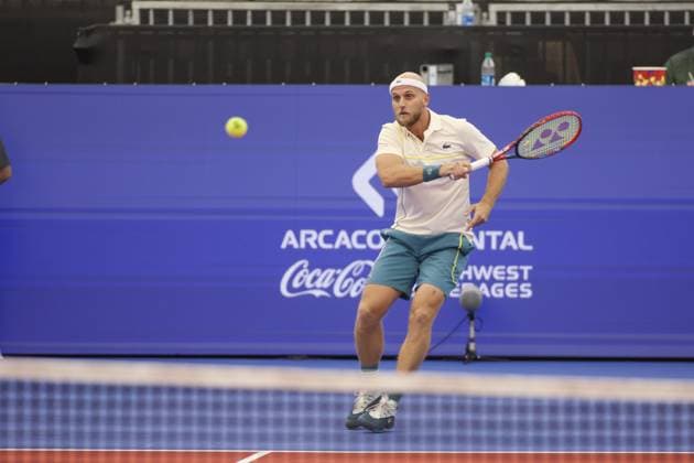 DALLAS, TX - FEBRUARY 05: Denis Kudla (USA) hits a forehand during the Dallas Open on February 5, 2024 at Styslinger Altec Tennis Complex in Dallas, TX. (Photo by George Walker Icon Sportswire) TENNIS: FEB 05 Dallas Open EDITORIAL USE ONLY Icon24020519