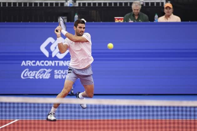 DALLAS, TX - FEBRUARY 05: Nicolas Moreno de Alboran (USA) hits a backhand during the Dallas Open on February 5, 2024 at Styslinger Altec Tennis Complex in Dallas, TX. (Photo by George Walker Icon Sportswire) TENNIS: FEB 05 Dallas Open EDITORIAL USE ONLY Icon24020520