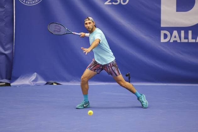 DALLAS, TX - FEBRUARY 05: Santiago Gonzalez (MEX) hits a forehand during the Dallas Open on February 5, 2024 at Styslinger Altec Tennis Complex in Dallas, TX. (Photo by George Walker Icon Sportswire) TENNIS: FEB 05 Dallas Open EDITORIAL USE ONLY Icon24020545