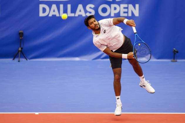 DALLAS, TX - FEBRUARY 05: Anirudh Chandrasekar (IND) serves during the Dallas Open on February 5, 2024 at Styslinger Altec Tennis Complex in Dallas, TX. (Photo by George Walker Icon Sportswire) TENNIS: FEB 05 Dallas Open EDITORIAL USE ONLY Icon24020549