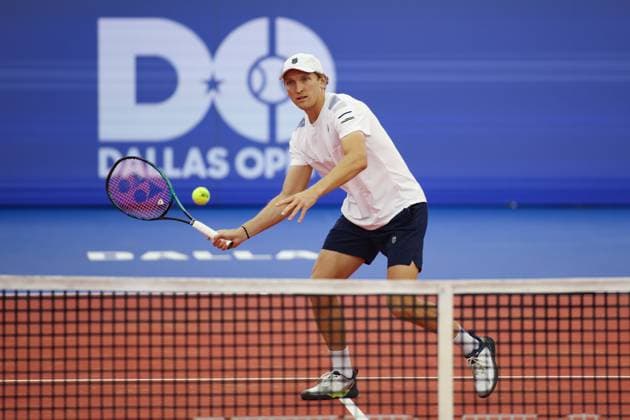 DALLAS, TX - FEBRUARY 05: Mitchell Krueger (USA) hits a volley during the Dallas Open on February 5, 2024 at Styslinger Altec Tennis Complex in Dallas, TX. (Photo by George Walker Icon Sportswire) TENNIS: FEB 05 Dallas Open EDITORIAL USE ONLY Icon24020557