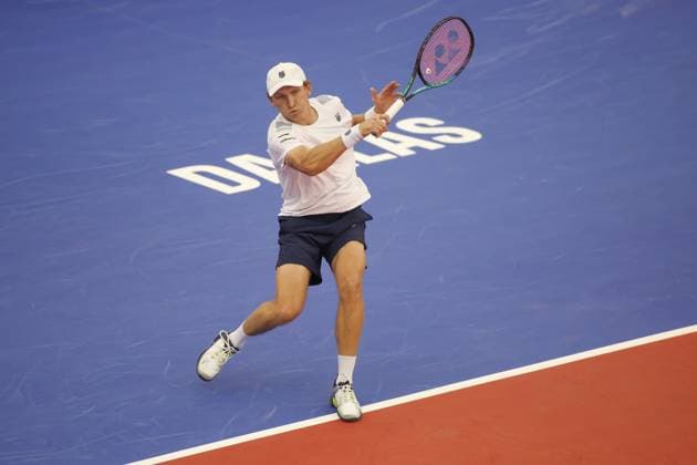DALLAS, TX - FEBRUARY 05: Mitchell Krueger (USA) hits a forehand during the Dallas Open on February 5, 2024 at Styslinger Altec Tennis Complex in Dallas, TX. (Photo by George Walker Icon Sportswire) TENNIS: FEB 05 Dallas Open EDITORIAL USE ONLY Icon24020561