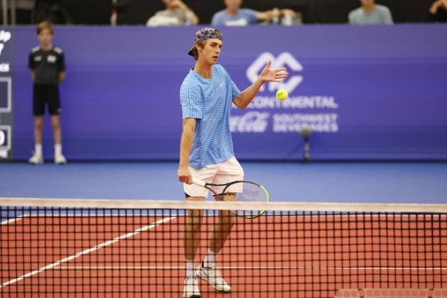 DALLAS, TX - FEBRUARY 05: Julian Steinhausen (USA) hits a volley during the Dallas Open on February 5, 2024 at Styslinger Altec Tennis Complex in Dallas, TX. (Photo by George Walker Icon Sportswire) TENNIS: FEB 05 Dallas Open EDITORIAL USE ONLY Icon24020566