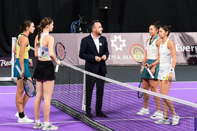 Transylvania Open 2024 The coin toss is taking place at the beginning of the doubles match featuring Jaqueline Cristian (ROU) and Andreea Mitu (ROU) versus Mara Gae (ROU) and Anca Todoni (ROU) on Day 1, Round of 32 of the Transylvania Open, being held on the hardcourt at BT Arena in Cluj-Napoca, Romania, on February 5, 2024. Cluj-Napoca Romania  Copyright: xFlaviuxBuboix originalFilename:buboi-notitle240205_npzO4.jpg