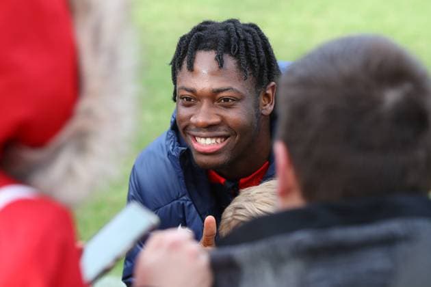 RB Leipzig Training 1 Bundesliga Leipzig, 06 02 2024, Training center at Cottaweg, Season 2023 2024, Football, Men, 1 Bundesliga , RB Leipzig Training , In the picture El Chadaille Bitshiabu and fans ,