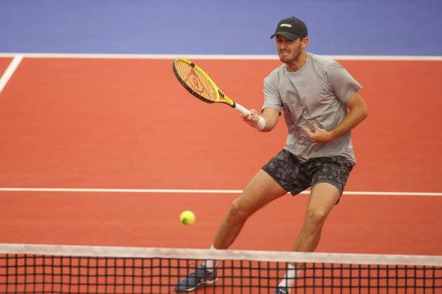 DALLAS, TX - FEBRUARY 06: Robert Galloway (USA) hits a volley during the Dallas Open on February 6, 2024 at Styslinger Altec Tennis Complex in Dallas, TX. (Photo by George Walker Icon Sportswire) TENNIS: FEB 06 Dallas Open EDITORIAL USE ONLY Icon24020636
