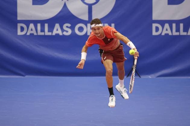 DALLAS, TX - FEBRUARY 06: Terence Atmane (FRA) serves during the Dallas Open on February 6, 2024 at Styslinger Altec Tennis Complex in Dallas, TX. (Photo by George Walker Icon Sportswire) TENNIS: FEB 06 Dallas Open EDITORIAL USE ONLY Icon24020642