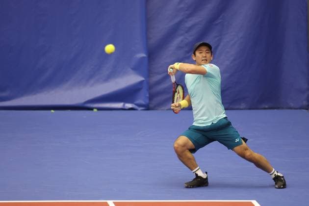 DALLAS, TX - FEBRUARY 06: Yoshihito Nishioka (JPN) hits a forehand during the Dallas Open on February 6, 2024 at Styslinger Altec Tennis Complex in Dallas, TX. (Photo by George Walker Icon Sportswire) TENNIS: FEB 06 Dallas Open EDITORIAL USE ONLY Icon24020644