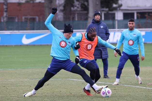 DEU, DFL, 2 FBL Hertha BSC, Training, 07 02 2024, Sportforum, Berlin, DEU, DFL, 2 FBL Hertha BSC, Training, in the picture Fabian Reese Hertha BSC Berlin 11 , Deyovaisio Zeefuik Hertha BSC Berlin 34 DFL regulations prohibit any use of Photographs as image sequences and or quasi video Foto Juergen Engler nordphoto GmbH nordphotoxGmbHx xEngler nph00076