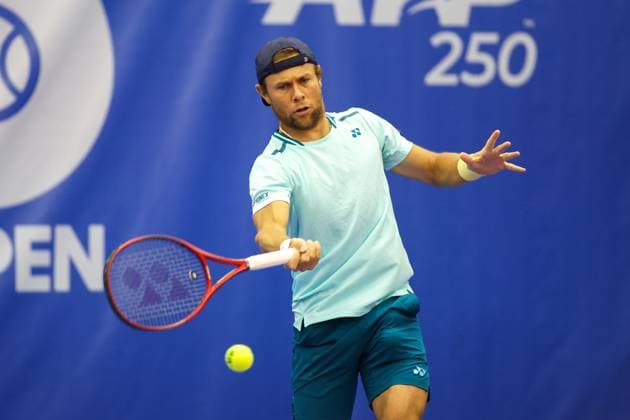 DALLAS, TX - FEBRUARY 07: Radu Albot (MDA) hits a forehand during the Dallas Open on February 7, 2024 at Styslinger Altec Tennis Complex in Dallas, TX. (Photo by George Walker Icon Sportswire) TENNIS: FEB 07 Dallas Open EDITORIAL USE ONLY Icon24020702