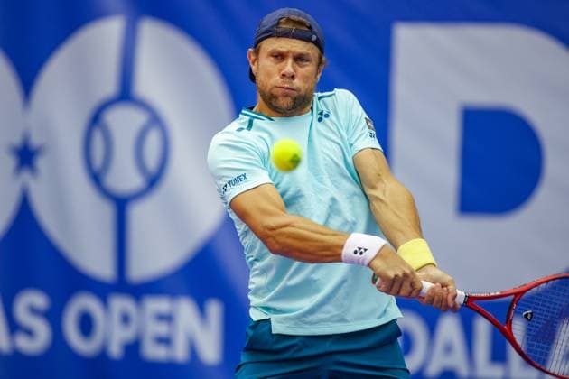 DALLAS, TX - FEBRUARY 07: Radu Albot (MDA) hits a backhand during the Dallas Open on February 7, 2024 at Styslinger Altec Tennis Complex in Dallas, TX. (Photo by George Walker Icon Sportswire) TENNIS: FEB 07 Dallas Open EDITORIAL USE ONLY Icon24020708