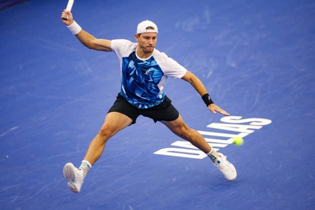 DALLAS, TX - FEBRUARY 07: James Duckworth (AUS) hits a forehand during the Dallas Open on February 7, 2024 at Styslinger Altec Tennis Complex in Dallas, TX. (Photo by George Walker Icon Sportswire) TENNIS: FEB 07 Dallas Open EDITORIAL USE ONLY Icon24020716