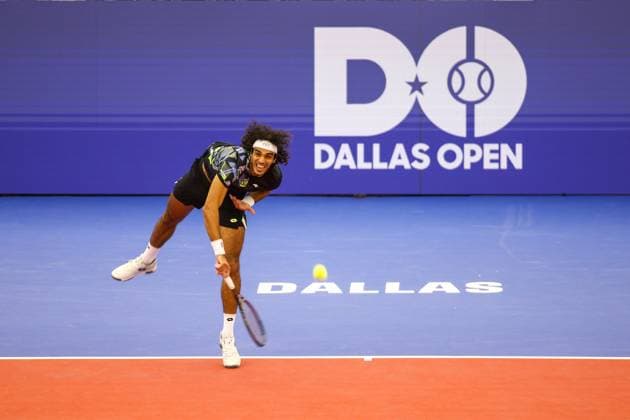 DALLAS, TX - FEBRUARY 07: Skander Mansouri (TUN) serves during the Dallas Open on February 7, 2024 at Styslinger Altec Tennis Complex in Dallas, TX. (Photo by George Walker Icon Sportswire) TENNIS: FEB 07 Dallas Open EDITORIAL USE ONLY Icon24020735