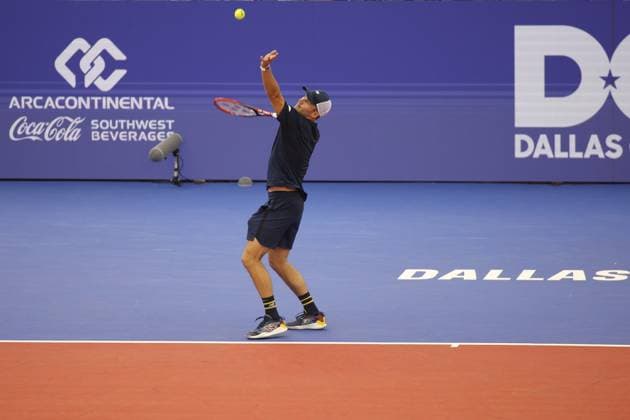 DALLAS, TX - FEBRUARY 07: Tommy Paul (USA) serves during the Dallas Open on February 7, 2024 at Styslinger Altec Tennis Complex in Dallas, TX. (Photo by George Walker Icon Sportswire) TENNIS: FEB 07 Dallas Open EDITORIAL USE ONLY Icon24020769
