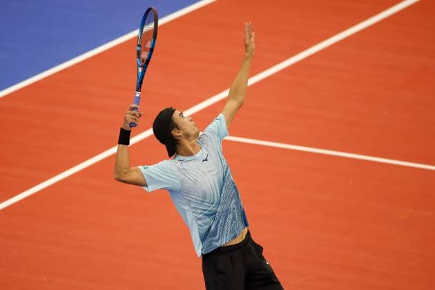 DALLAS, TX - FEBRUARY 07: Taro Daniel (JPN) serves during the Dallas Open on February 7, 2024 at Styslinger Altec Tennis Complex in Dallas, TX. (Photo by George Walker Icon Sportswire) TENNIS: FEB 07 Dallas Open EDITORIAL USE ONLY Icon24020771