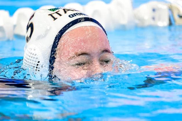 Sofia Giustini of Italy during the Water polo, Wasserball women match between team Italy (white caps) and team Canada (blue caps) of the 21st World Aquatics Championships at the Aspire Dome in Doha (Qatar), February 8, 2024. GiorgioXScala