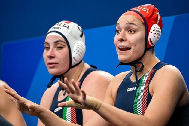 Aurora Condorelli of Italy during the Water polo, Wasserball women match between team Italy (white caps) and team Canada (blue caps) of the 21st World Aquatics Championships at the Aspire Dome in Doha (Qatar), February 8, 2024. GiorgioXScala