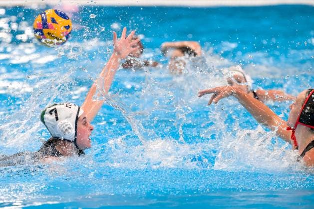 Domitilla Picozzi of Italy during the Water polo, Wasserball women match between team Italy (white caps) and team Canada (blue caps) of the 21st World Aquatics Championships at the Aspire Dome in Doha (Qatar), February 8, 2024. GiorgioXScala