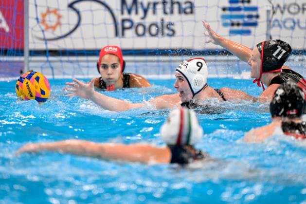 Valeria Palmieri of Italy during the Water polo, Wasserball women match between team Italy (white caps) and team Canada (blue caps) of the 21st World Aquatics Championships at the Aspire Dome in Doha (Qatar), February 8, 2024. GiorgioXScala