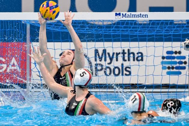 Caterina Banchelli of Italy during the Water polo, Wasserball women match between team Italy (white caps) and team Canada (blue caps) of the 21st World Aquatics Championships at the Aspire Dome in Doha (Qatar), February 8, 2024. GiorgioXScala