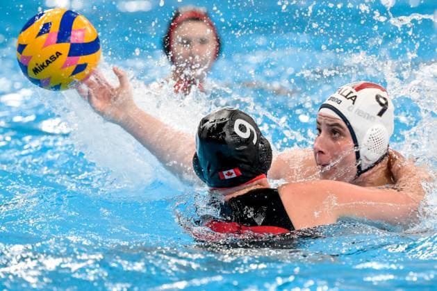 Valeria Palmieri of Italy during the Water polo, Wasserball women match between team Italy (white caps) and team Canada (blue caps) of the 21st World Aquatics Championships at the Aspire Dome in Doha (Qatar), February 8, 2024. GiorgioXScala