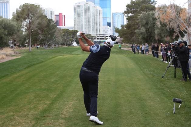 LAS VEGAS, NV - FEBRUARY 08: Dustin Johnson of 4 Aces GC tees off during the LIV Golf League tournament on February 08, 2024 at the Las Vegas Country Club in Las Vegas, NV. (Photo by Matthew Bolt Icon Sportswire) GOLF: FEB 08 LIV Golf League Las Vegas EDITORIAL USE ONLY Icon2402087054