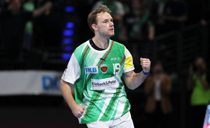 Mathias Gidsel celebrates after scoring Joy Emotion Cheers Sport Handball HBL Bundesliga Men 12 Matchday Season 2023 2024 08 02 2024 Füchse Berlin vs SG Flensburg Handewitt