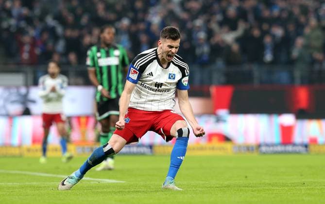 09 02 2024, Soccer 2 Bundesliga 2023 2024, Matchday 21, Hamburger SV Hannover 96 , at Volksparkstadion Hamburg Cheering goalscorer Laszlo Benes Hamburg to score 1 2 DFL and DFB regulations prohibit any use of photographs as image sequences and or quasi video