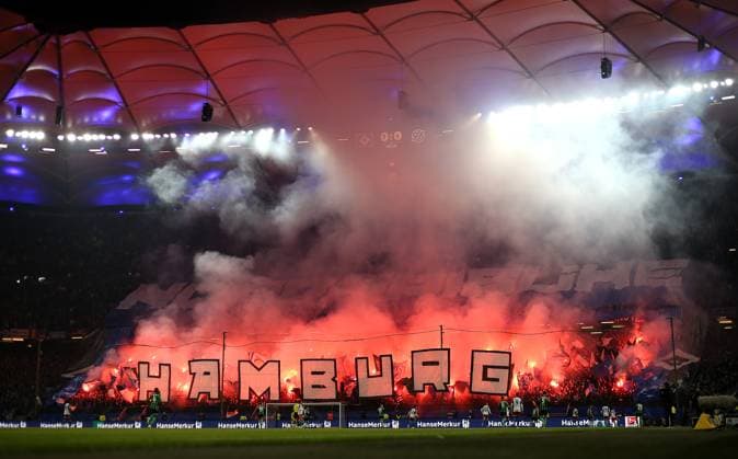 09 02 2024, Soccer 2 Bundesliga 2023 2024, 21 Matchday, Hamburger SV Hannover 96 , in Volksparkstadion Hamburg Pyro and Choreo in HSV Fanblock DFL and DFB regulations prohibit any use of photographs as image sequences and or quasi video
