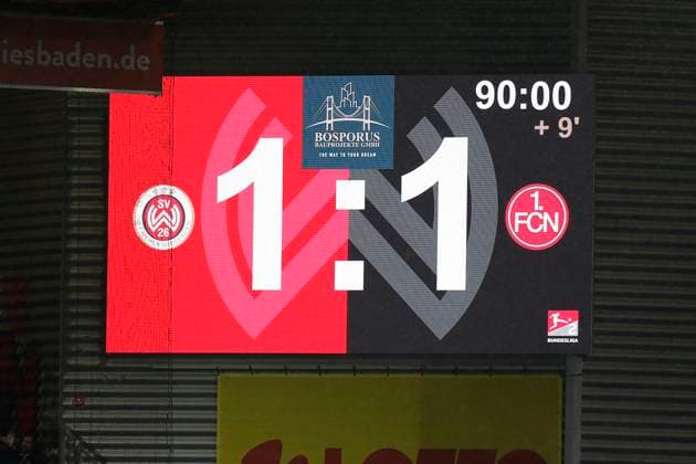09 02 2024, xavx, Soccer 2 Bundesliga, SV Wehen Wiesbaden 1 FC Nürnberg emspor, v l Scoreboard in the Brita Arena Score 1 1 Draw DFL DFB REGULATIONS PROHIBIT ANY USE OF PHOTOGRAPHS as IMAGE SEQUENCES and or QUASI VIDEO Wiesbaden