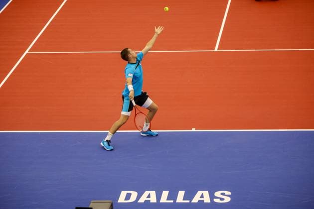 DALLAS, TX - FEBRUARY 09: Neal Skupski (GBR) serves during the Dallas Open on February 9, 2024 at Styslinger Altec Tennis Complex in Dallas, TX. (Photo by George Walker Icon Sportswire) TENNIS: FEB 09 Dallas Open EDITORIAL USE ONLY Icon24020908