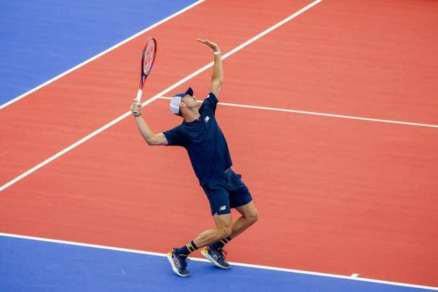 DALLAS, TX - FEBRUARY 09: Tommy Paul (USA) serves during the Dallas Open on February 9, 2024 at Styslinger Altec Tennis Complex in Dallas, TX. (Photo by George Walker Icon Sportswire) TENNIS: FEB 09 Dallas Open EDITORIAL USE ONLY Icon24020913