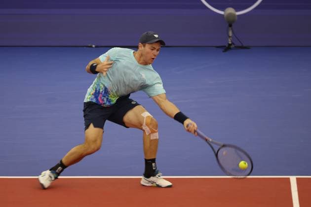 DALLAS, TX - FEBRUARY 09: Dominik Koepfer (GER) hits a forehand during the Dallas Open on February 9, 2024 at Styslinger Altec Tennis Complex in Dallas, TX. (Photo by George Walker Icon Sportswire) TENNIS: FEB 09 Dallas Open EDITORIAL USE ONLY Icon24020917