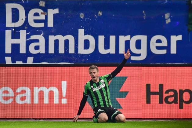 3 4 of 10 Sebastian Ernst Hannover cheering in front of the fans Germany , Hamburg , Volksparkstadion , Soccer , Bundesliga , 2 Soccer Bundesliga , Hamburger SV Hannover 96
